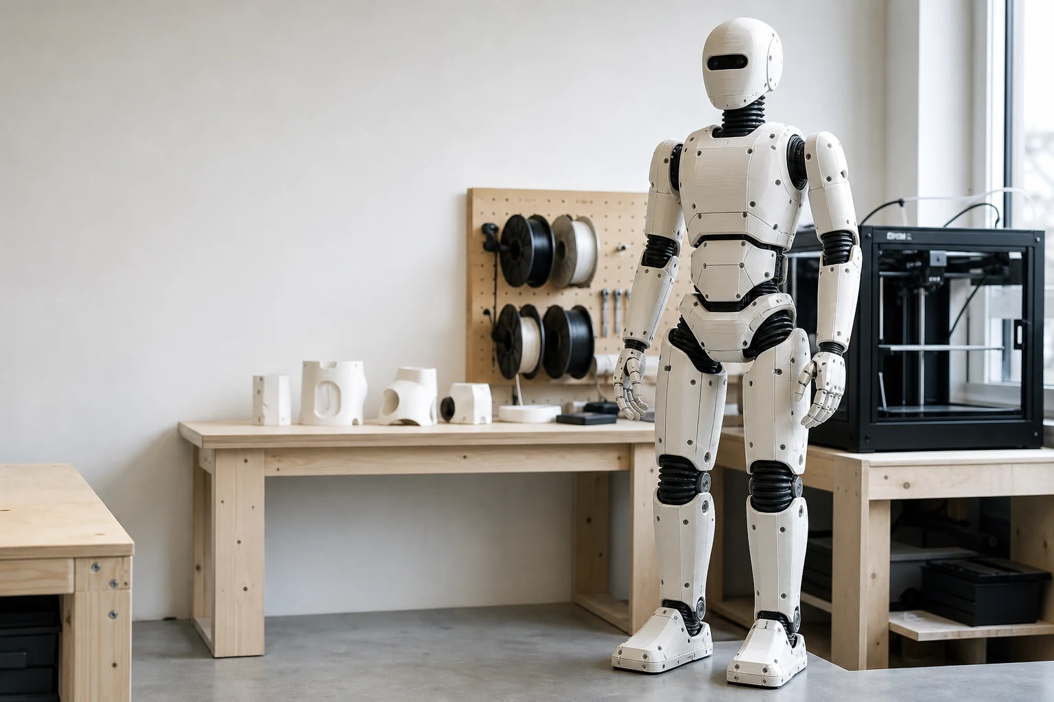 Modular humanoid prototype with visible 3D-printed shells and flexible joints in a working lab