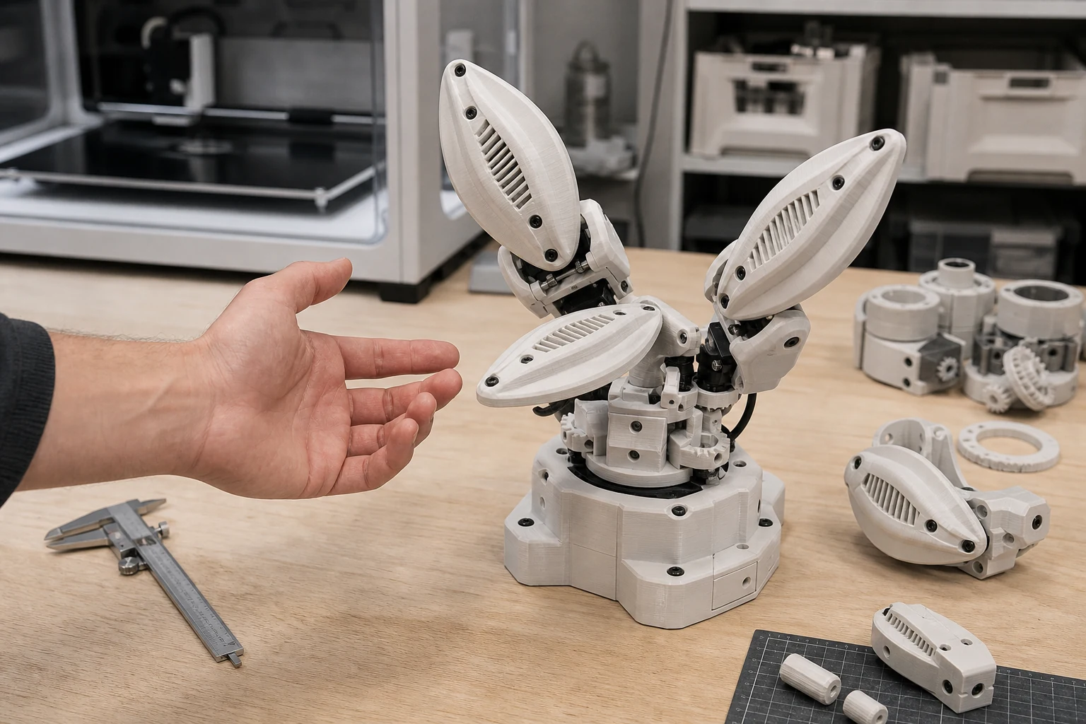 Hand interacting with a modular 3D-printed kinetic prototype on a workbench