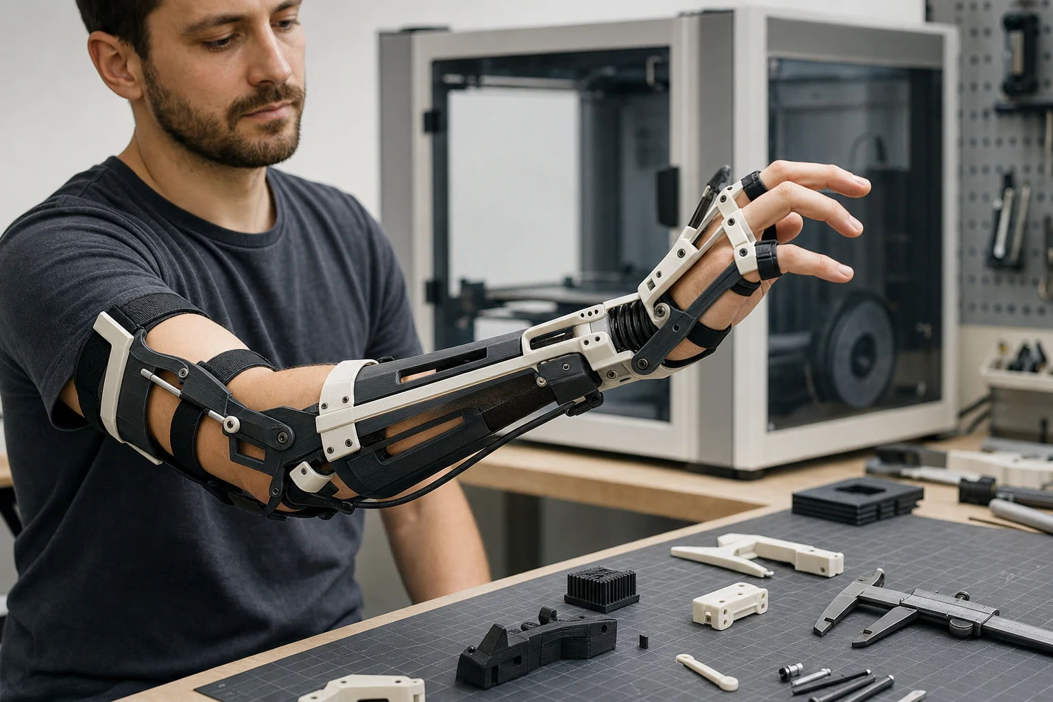 Person testing a modular 3D-printed motion-assistance prototype in a workshop